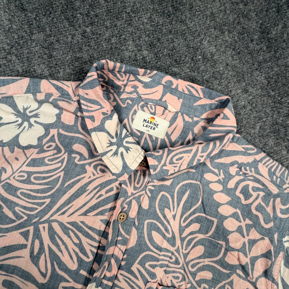 Marine Layer Mens L/XL Tropical Floral Hibiscus Button Down Shirt Pink Grey 0577